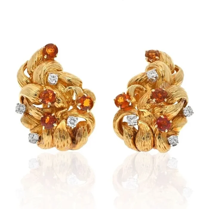 David Webb Platinum & 18K Yellow Gold Diamond And Citrine Clip On Earrings