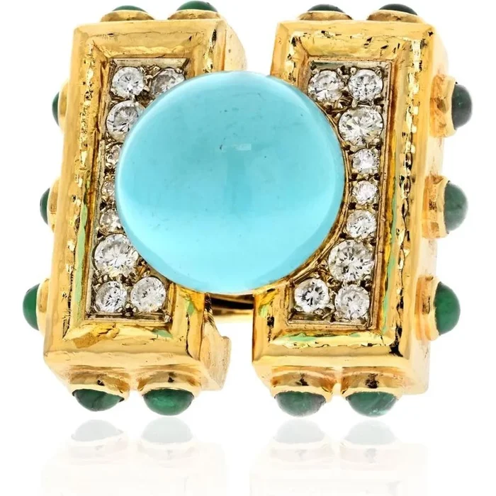 David Webb Turquoise Diamond Emerald Oversized Ring – Platinum & 18K Yellow Gold