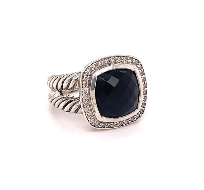 David Yurman Albion Diamond Onyx Sterling Silver Halo Cable Ring – Size 5.5