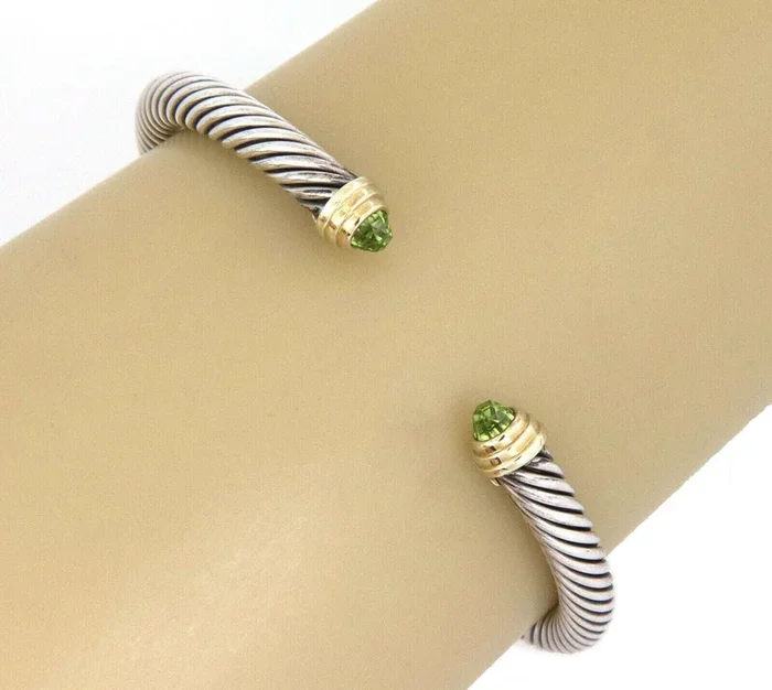 David Yurman Peridot Sterling Silver 14k Yellow Gold 5mm Cable Cuff Bracelet