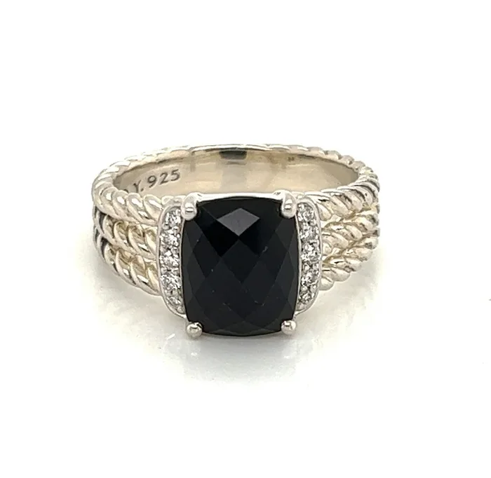 David Yurman Wheaton Petite Onyx Diamond Sterling Silver Ring – Size 7