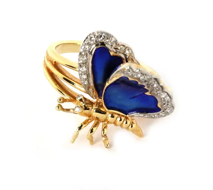 Diamond & Blue Enamel 14k Two Tone Gold Double Wing Butterfly Ring – Size 6