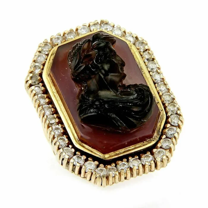 Diamond & Carnelian High Relief Carved 14k Gold Julius Caesar Ring – Size 7