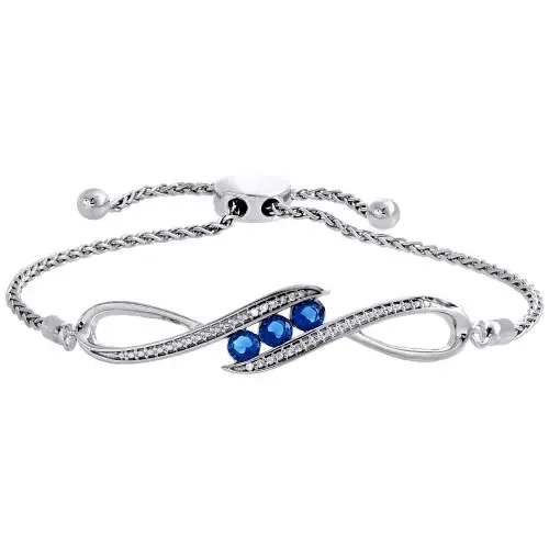 Diamond & Lab-Created Sapphire 3 Stone Bypass Bolo Bracelet Sterling Silver 8″