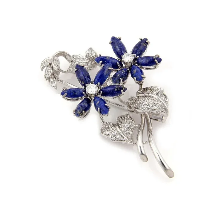 Diamond & Lapis 18k White Gold Floral Pin Brooch