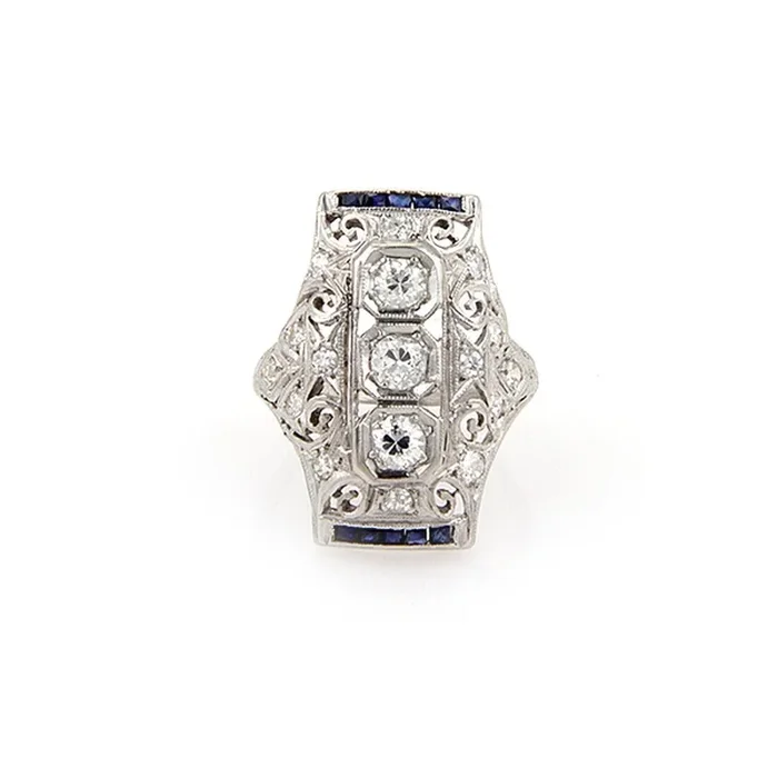 Diamond & Sapphire Platinum Long Milgrain Open Filigree Ring – Size 5