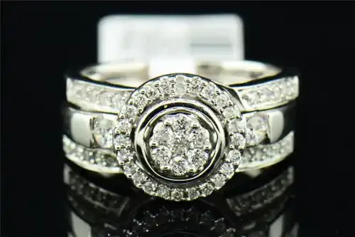 Diamond 3 Piece Bridal Set 14K White Gold Round Flower Design Engagement Ring