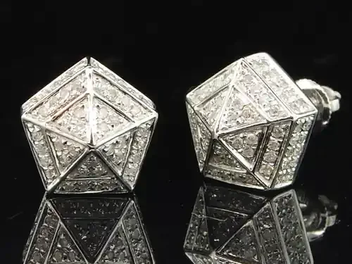 Diamond 3D Pentagon Earrings 10K White Gold Round Pave Studs 0.60 Tcw.