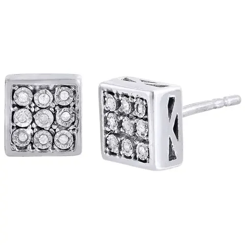 Diamond 3D Square Earrings .925 Sterling Silver Round Design Studs 0.05 Ct.