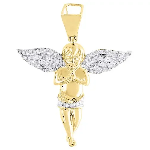 Diamond Angel Pendant Mens .925 Sterling Silver Round Wings Charm 0.37 Tcw.
