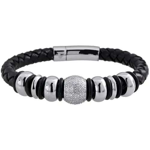 Diamond Beaded Ball Bracelet Arctica Mens Leather Strand Stainless Steel 1.80 Ct