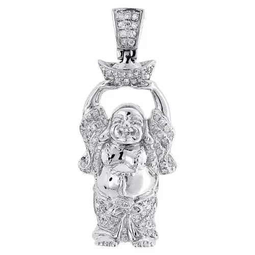 Diamond Buddha Pendant Mens 10K White Gold Round Pave Laughing Charm 0.33 Tcw.