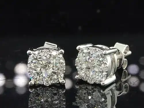 Diamond Circle Design Earrings Ladies 18K White Gold Round Studs 1.34 Tcw.