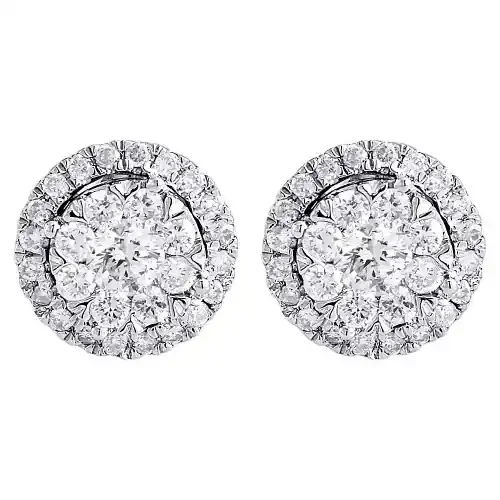 Diamond Circle Earrings 14K White Gold Round Solitaire Design Studs 0.97 Tcw.