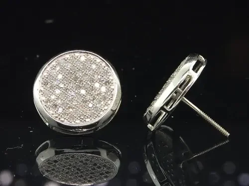Diamond Circle Studs 10K White Gold Round Cut Pave Design Earrings 0.56 Tcw.