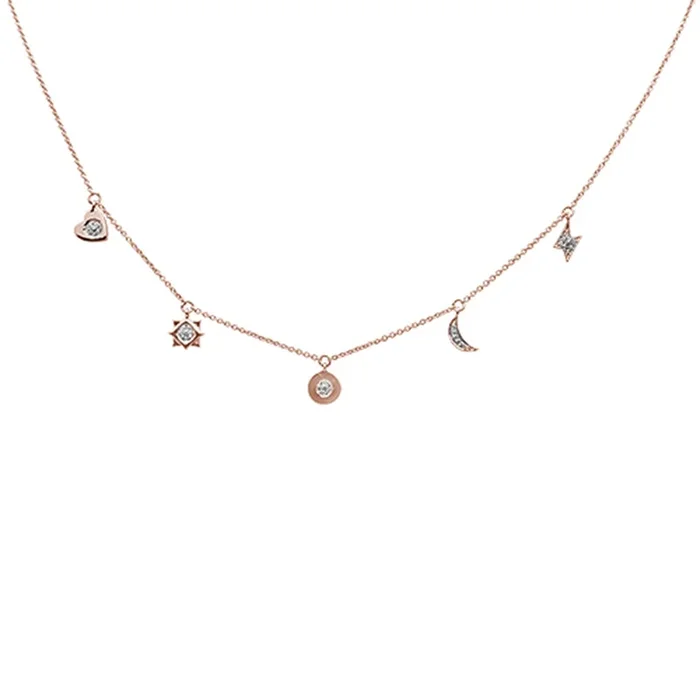 DIAMOND CLOSEOUT! .08ct 14kt Rose Gold Diamond Moon Star Heart Charm Pendant Necklace 16″+2″