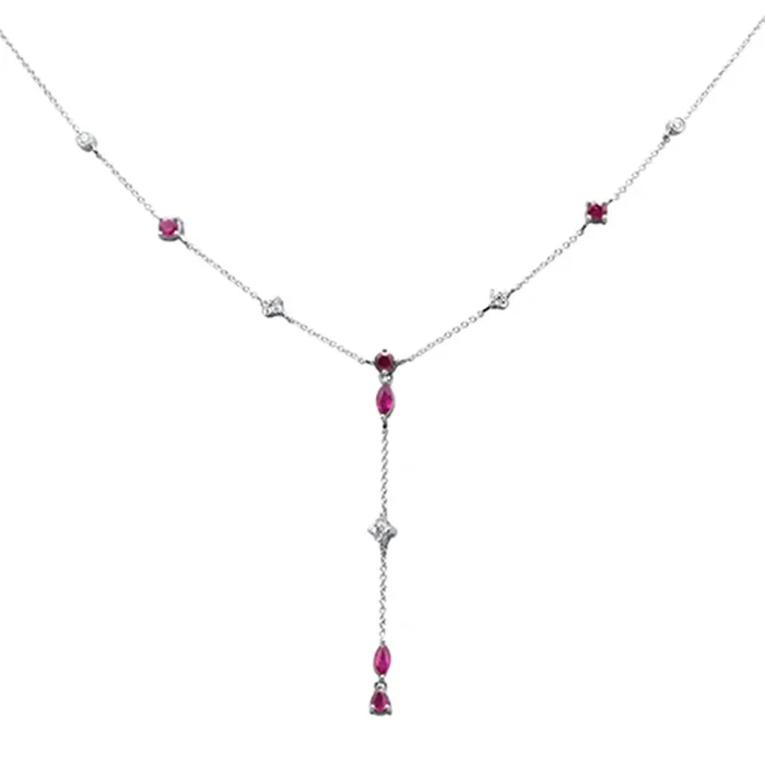 DIAMOND CLOSEOUT! 1.14ct G SI 14K White Gold Diamond & Ruby Gemstone Lariat Pendant Necklace 16″ +2″ EXT