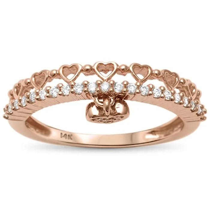 DIAMOND CLOSEOUT! .17ct G SI 14kt Rose Gold Heart Dangle Diamond Band Ring Size 6.5