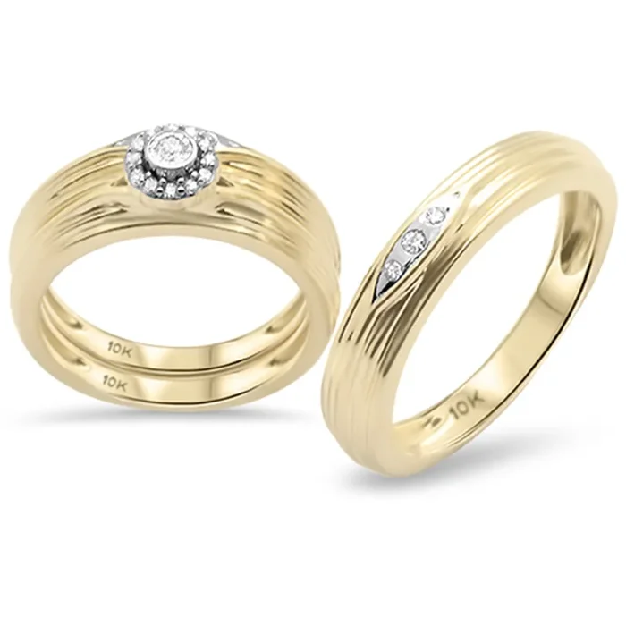 DIAMOND CLOSEOUT! .18ct G SI 10K Yellow Gold Diamond 3pcs Men’s & Women’s Wedding Trio Set