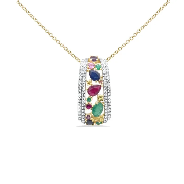 DIAMOND CLOSEOUT! 2.53ct G SI 14K Yellow Gold Diamond & Multi Color Gemstones Pendant Necklace 18″ Long