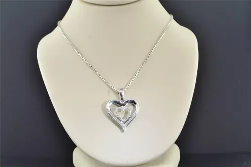 Diamond Double Heart Pendant .925 Sterling Silver 0.10 CT Love Charm with Chain