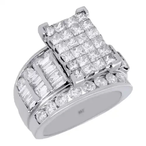 Diamond Engagement Ring 14K White Gold Princess Round & Baguette Cut 4 Ct