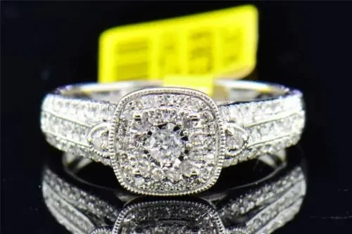 Diamond Engagement Ring 14K White Gold Square Halo Round Cut 0.39 Ct