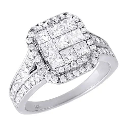Diamond Engagement Ring White Gold Ladies Princess Square Halo Design 1.33 Tcw.
