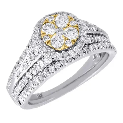 Diamond Flower Engagement Wedding Ring 14K White Gold Round Cut Bridal Set 1 Tcw