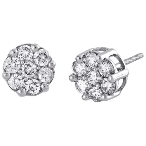 Diamond Flower Stud Earrings 14K White Gold Round Cut Pave Design 1.05 Tcw