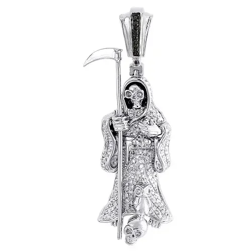 Diamond Grim Reaper Pendant Mens 10K White Gold Round Pave Death Charm 0.60 Tcw.