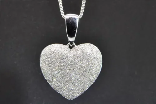 Diamond Heart Pendant 10K White Gold 1.10 Ct Domed Love Charm
