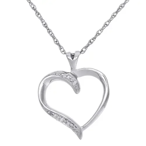 Diamond Heart Pendant .925 Sterling Silver White Finish Necklace w/ 18″ Chain