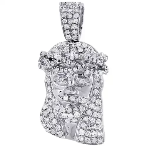 Diamond Jesus Face Pendant 10K White Gold Mini Pave Charm 0.75 CT.