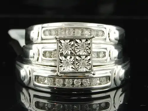 Diamond Matching 3 Piece Wedding Ring Set 10k White Gold His & Her Trio .20 Ct.