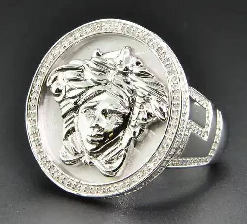 Diamond Medusa Pinky Ring .925 Sterling Silver White Finish Greek Key 0.55 Ct.