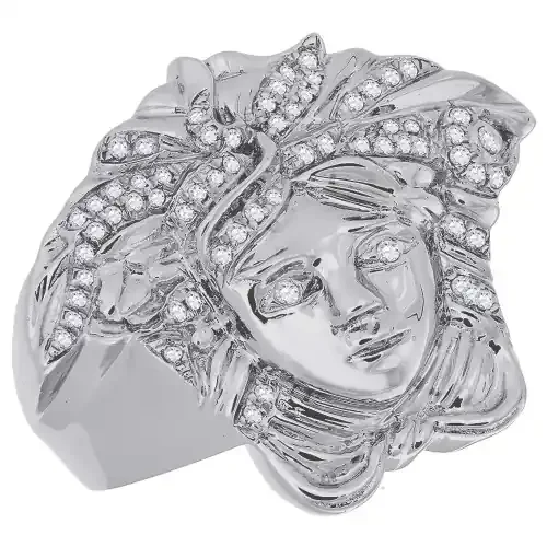 Diamond Medusa Pinky Statement Ring 10K White Gold Round Cut Pave Set 0.33 Ct.