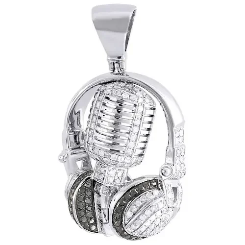 Diamond Microphone Pendant Mens 10K White Gold Round Headphone Charm 1 Tcw.