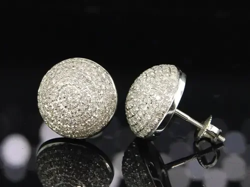 Diamond Round Earrings 10K White Gold Mens Domed 3D Designer Studs 1.15 Tcw.