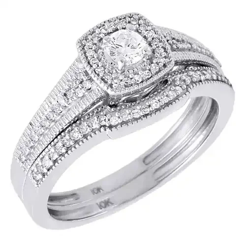 Diamond Solitaire Bridal Set Ladies 10K White Gold Round Engagement Wedding Ring