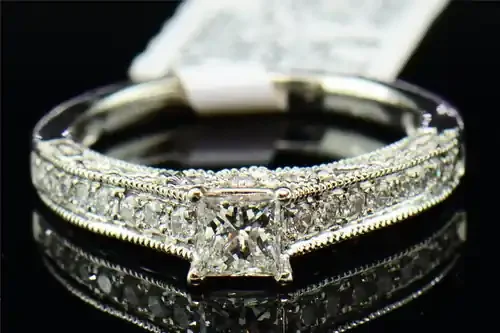 Diamond Solitaire Engagement Ring 14K White Gold Princess Cut Band 0.68 Tcw.