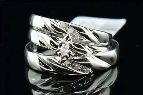 Diamond Solitaire Trio Set 10K White Gold Engagement Wedding Ring 0.09 Tcw.