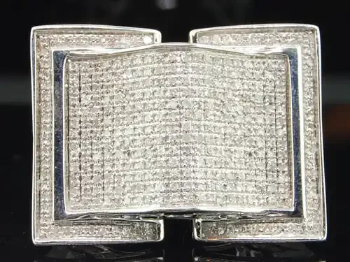 Diamond Square Pinky Ring Mens .925 Sterling Silver Domed Design 1.04 Tcw.