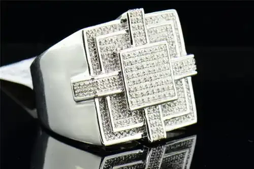 Diamond Square Pinky Ring Mens .925 Sterling Silver Round Pave Design 0.39 Tcw