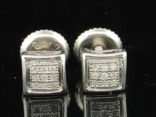 Diamond Square Studs .925 Sterling Silver Round Pave Earrings 0.05 Ct.