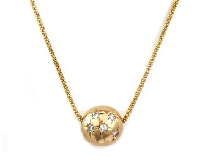 Diamond Star Burst 14k Yellow Gold Ball Pendant & Flex Mesh Necklace