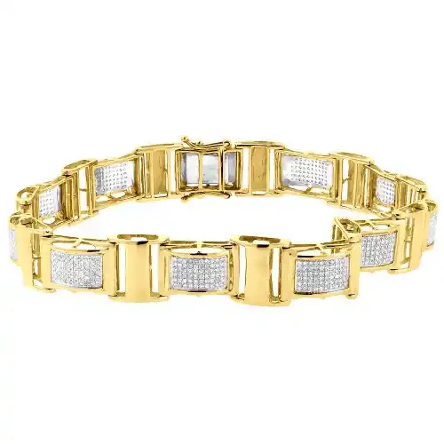 Diamond Statement Link Bracelet 10K Yellow Gold 8.5″ Pave Round Cut 1.27 Ct.