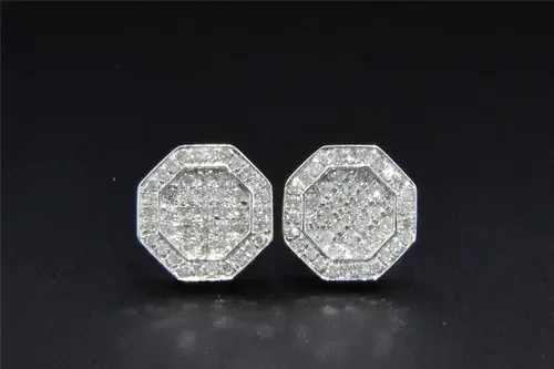 Diamond Studs 10K White Gold Round Cut 0.38 Ct Octagon Shape Earrings