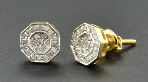 Diamond Studs Octagon Shaped Mens Ladies 10K Yellow Gold Pave Earrings 1/5 Ct.
