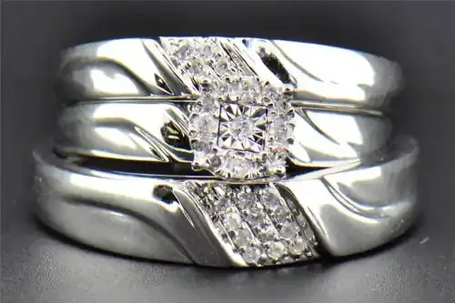 Diamond Trio Set 10K White Gold Engagement Ring Wedding Band Round 0.19 Ct